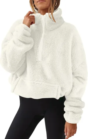 1/4 Zip Sherpa Pullover Womens Fuzzy Fleece Half Zip Pullover Oversized Zip Up Hoodie Quarter Zip Cropped Sweatshirt