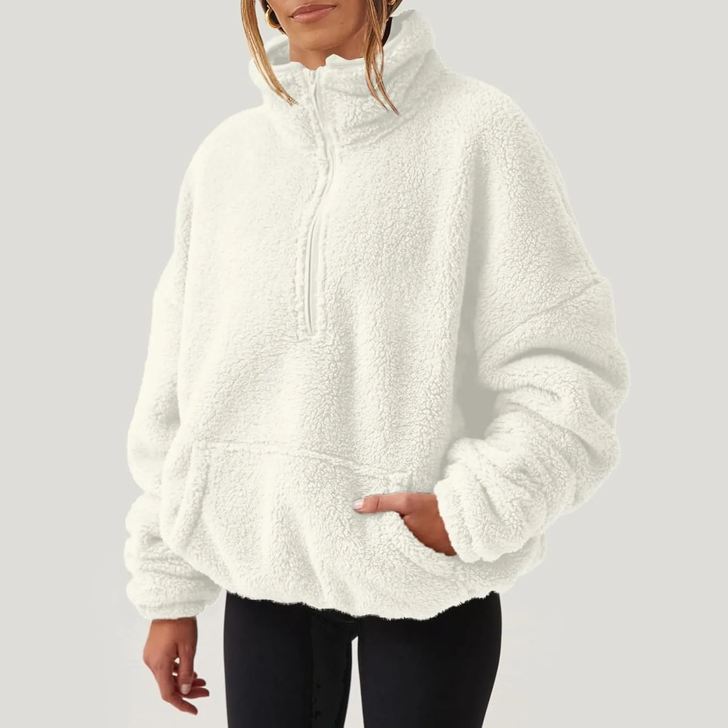 1/4 Zip Sherpa Pullover Womens Fuzzy Fleece Half Zip Pullover Oversized Zip Up Hoodie Quarter Zip Cropped Sweatshirt