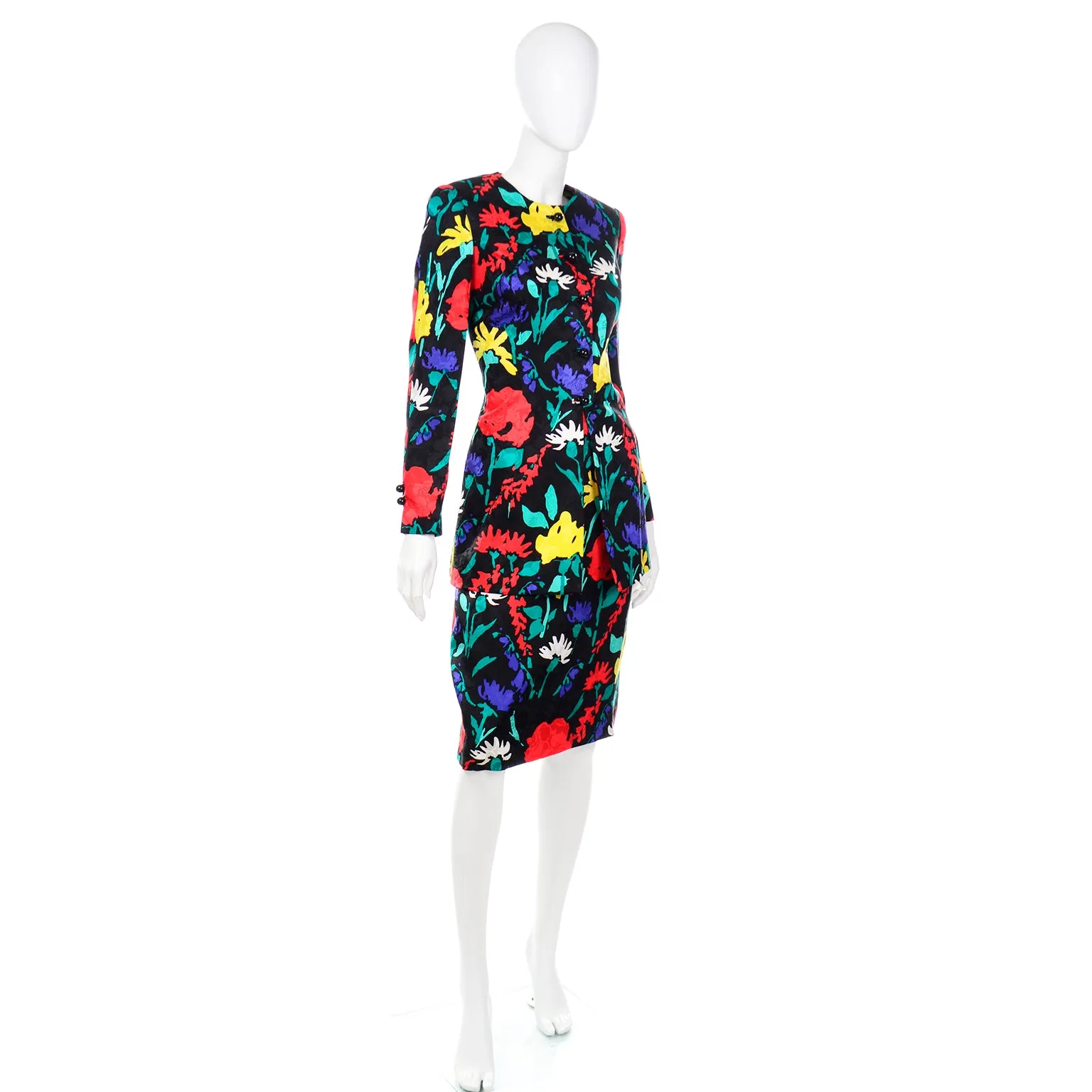 1990s David Hayes Colorful Silk Floral Jacket & Skirt Suit