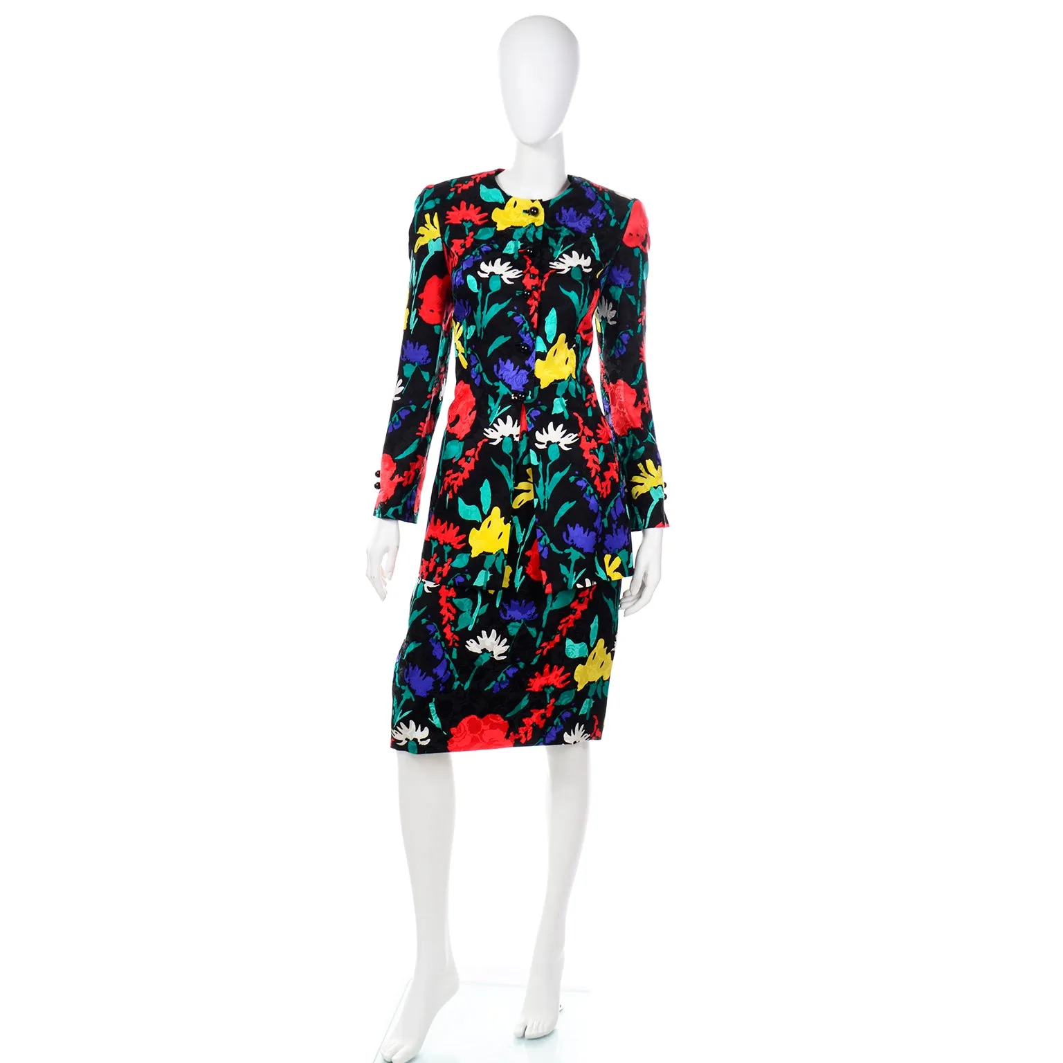 1990s David Hayes Colorful Silk Floral Jacket & Skirt Suit