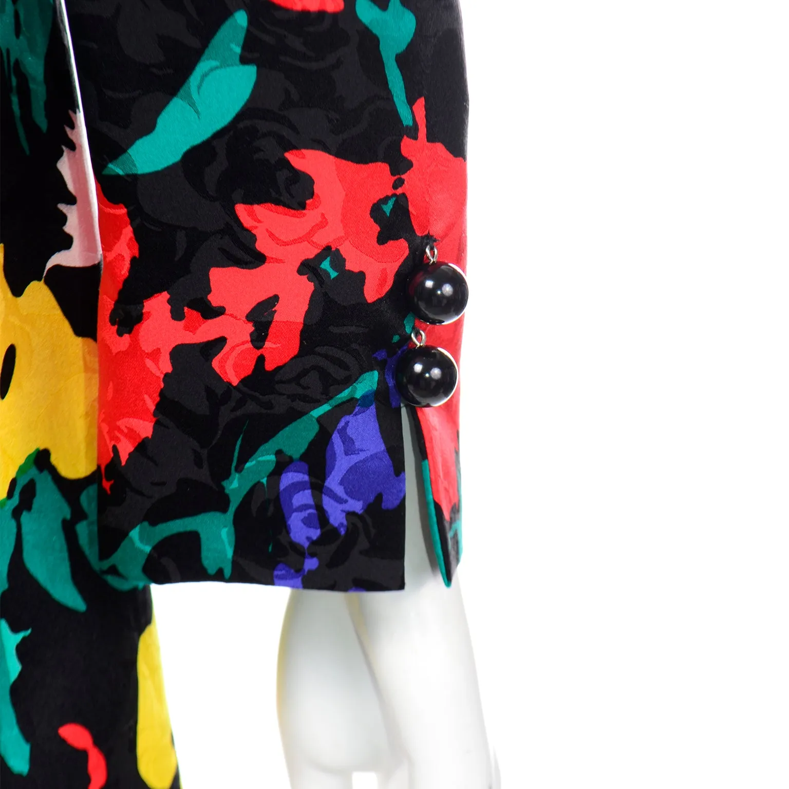 1990s David Hayes Colorful Silk Floral Jacket & Skirt Suit