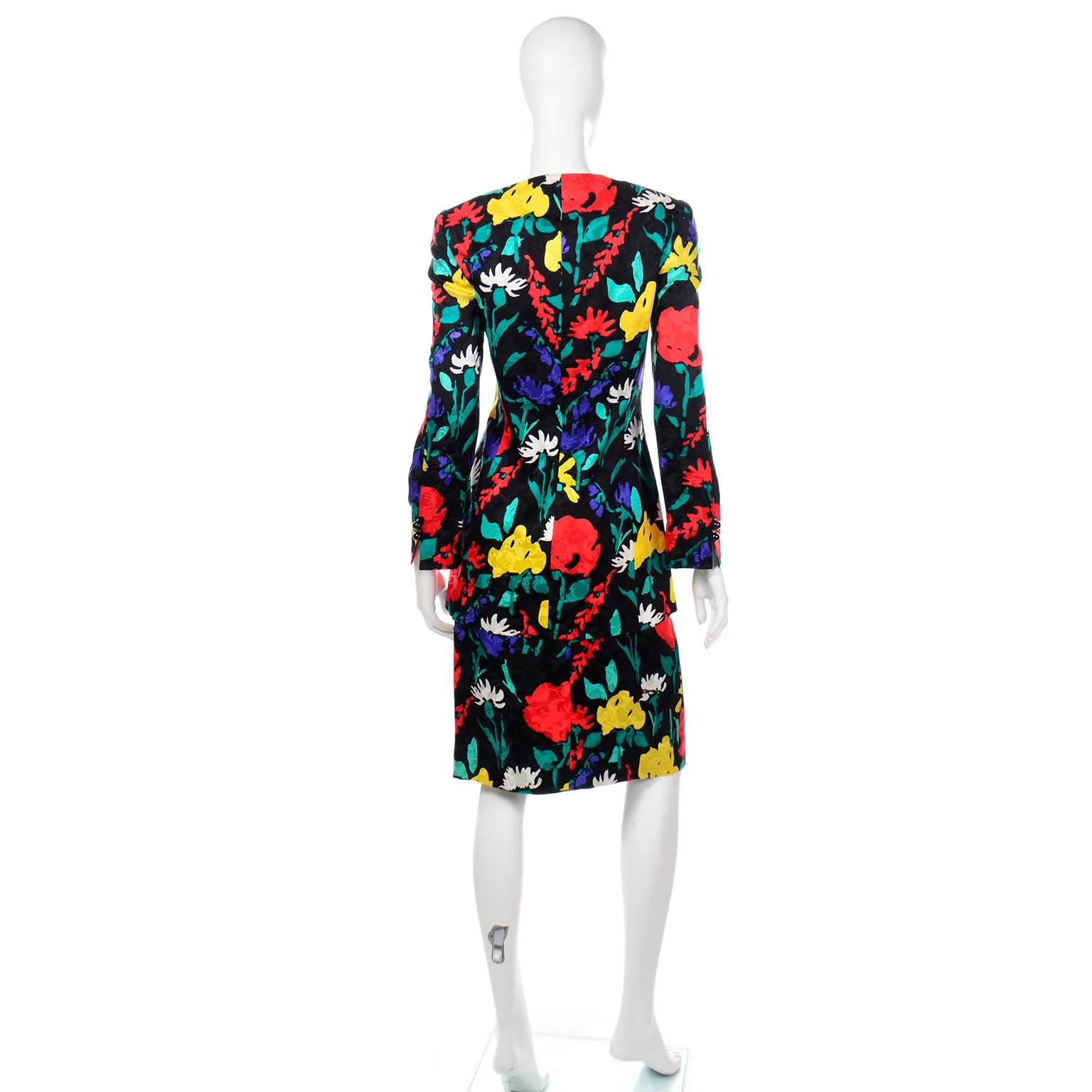 1990s David Hayes Colorful Silk Floral Jacket & Skirt Suit
