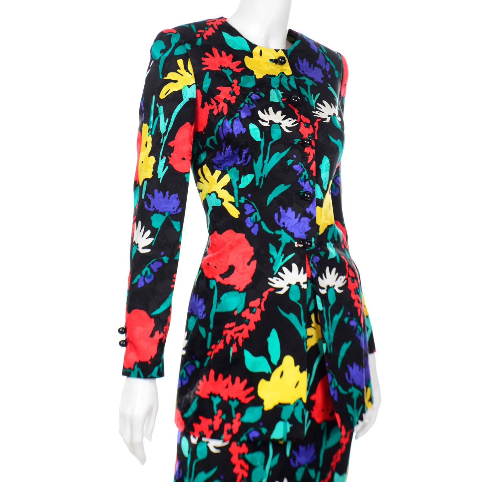 1990s David Hayes Colorful Silk Floral Jacket & Skirt Suit