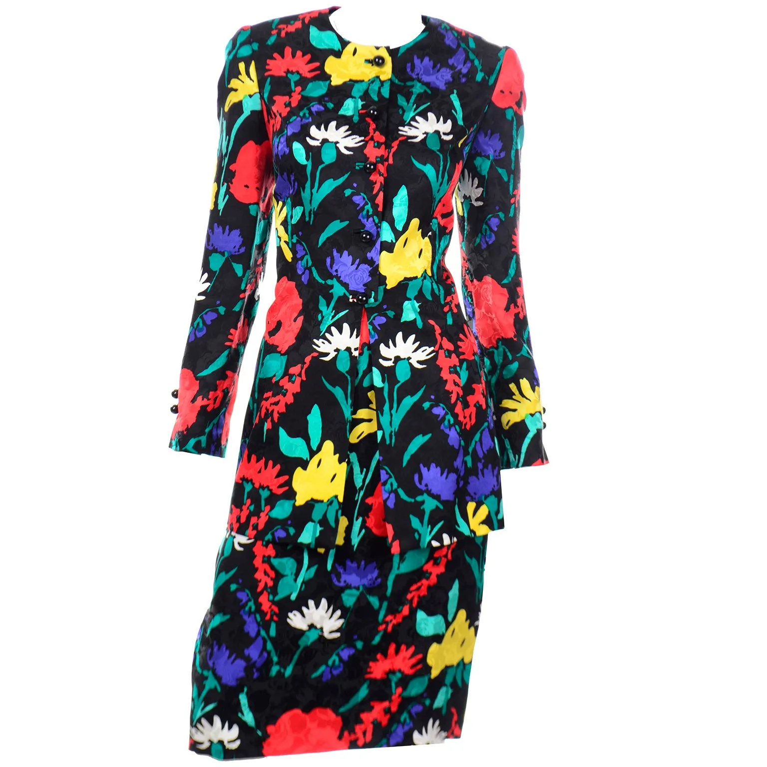 1990s David Hayes Colorful Silk Floral Jacket & Skirt Suit