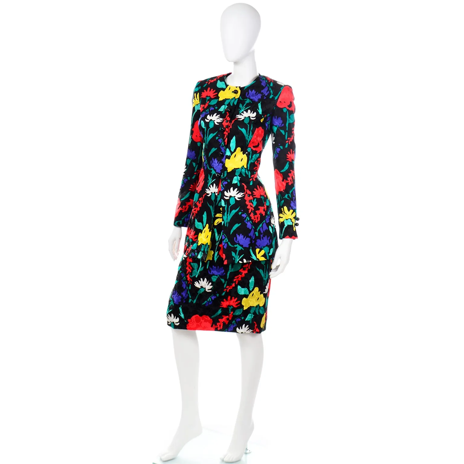 1990s David Hayes Colorful Silk Floral Jacket & Skirt Suit