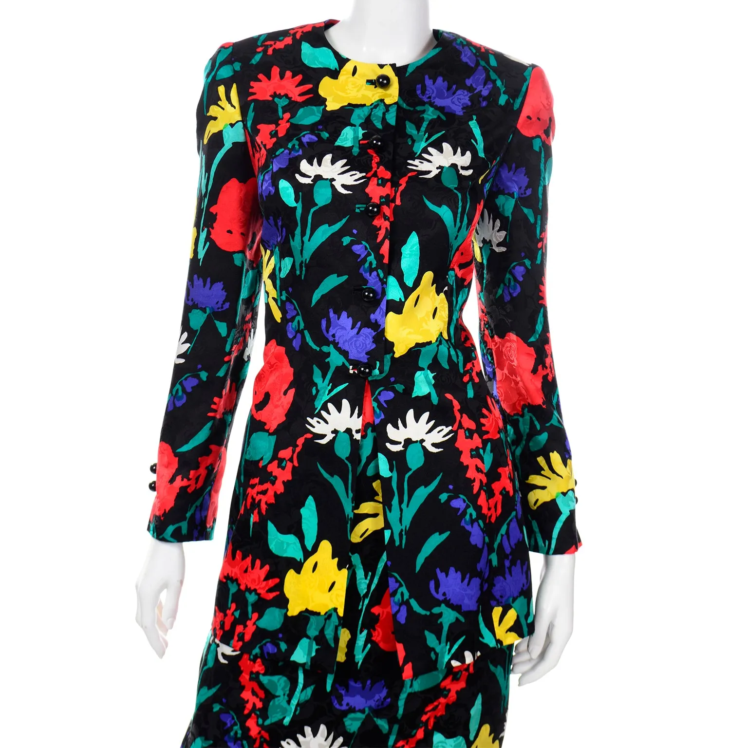 1990s David Hayes Colorful Silk Floral Jacket & Skirt Suit