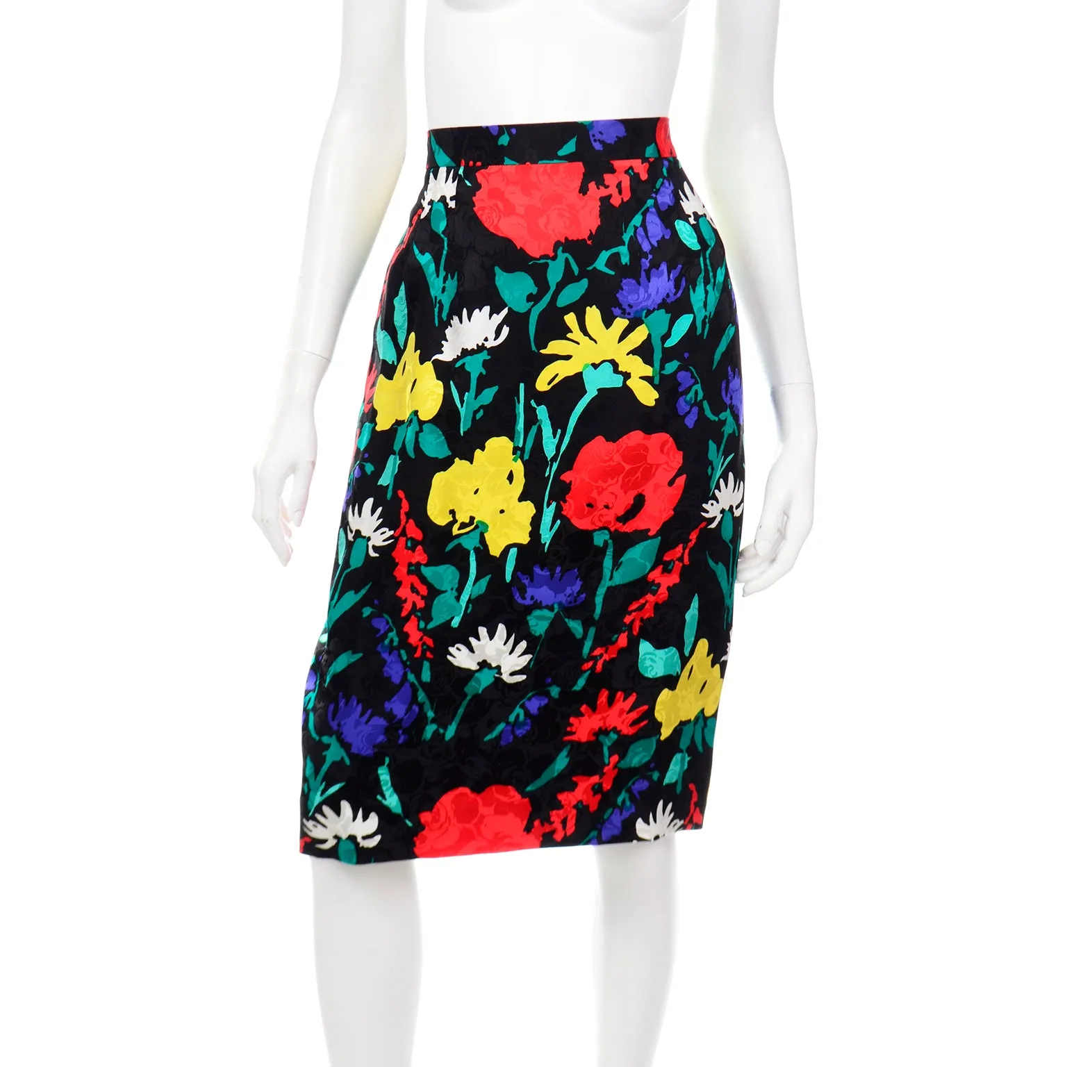 1990s David Hayes Colorful Silk Floral Jacket & Skirt Suit