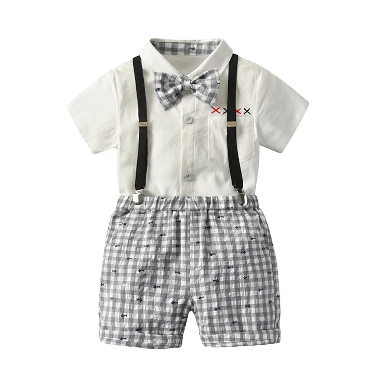 2 Pieces Set Baby Kid Boys Birthday Bow Shirts And Checked Rompers Wholesale 23021301