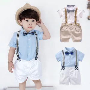 2 Pieces Set Baby Kid Boys Birthday Bow Shirts And Checked Rompers Wholesale 23021301
