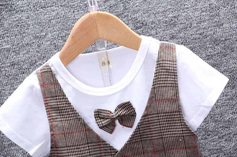 2 Pieces Set Baby Kid Boys Birthday Checked Bow Tops And Shorts Wholesale 23022827