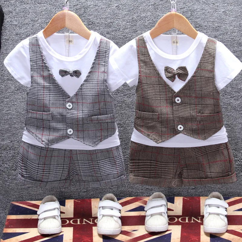 2 Pieces Set Baby Kid Boys Birthday Checked Bow Tops And Shorts Wholesale 23022827