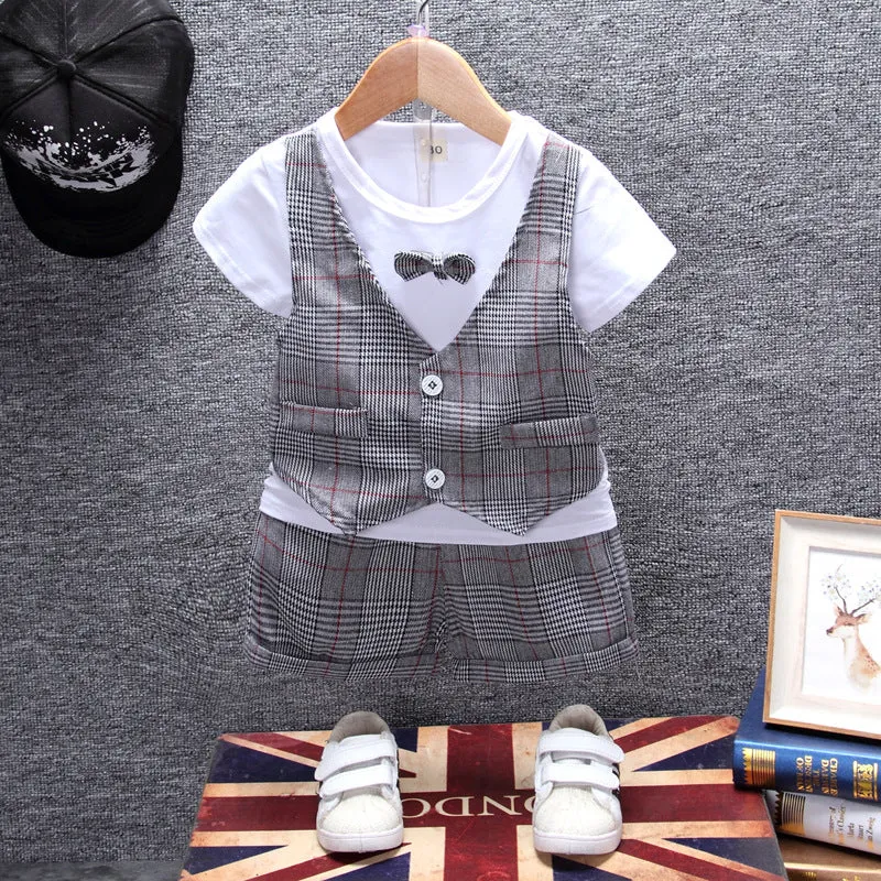 2 Pieces Set Baby Kid Boys Birthday Checked Bow Tops And Shorts Wholesale 23022827