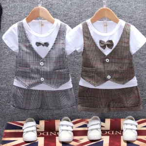 2 Pieces Set Baby Kid Boys Birthday Checked Bow Tops And Shorts Wholesale 23022827