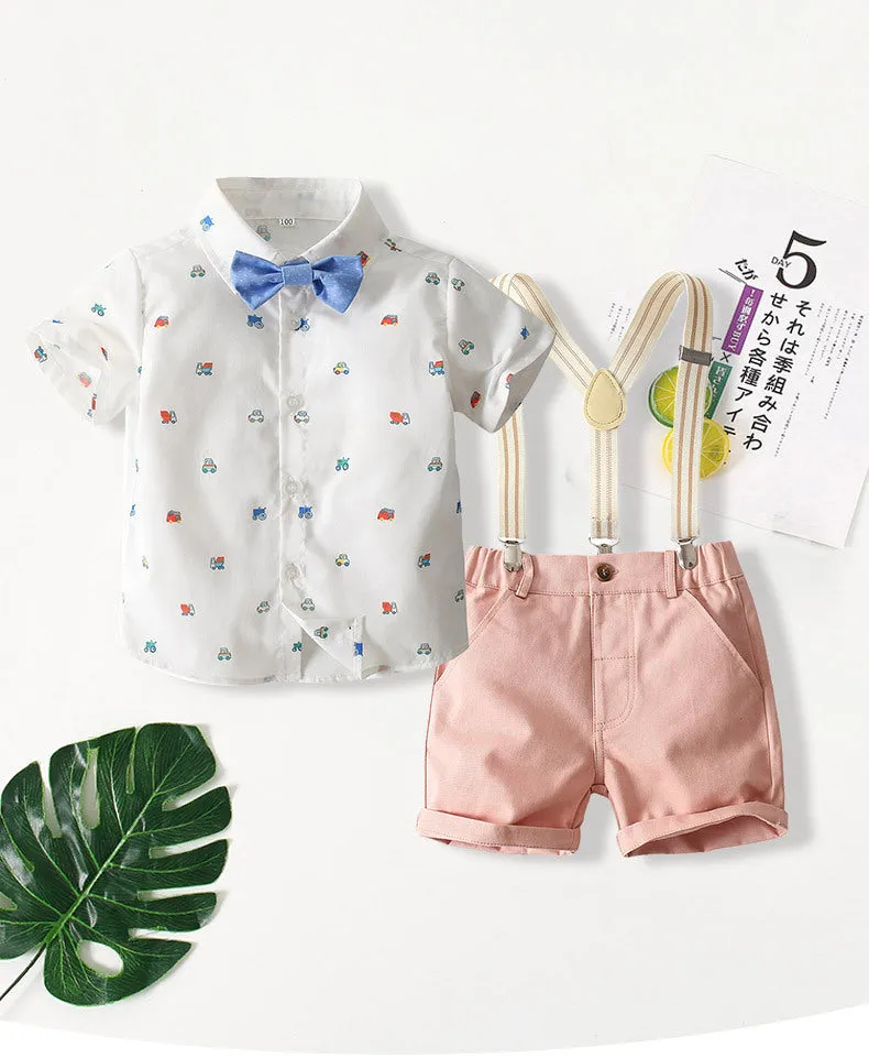 2 Pieces Set Baby Kid Boys Birthday Party Car Bow Print Shirts And Solid Color Suits Wholesale 221214211
