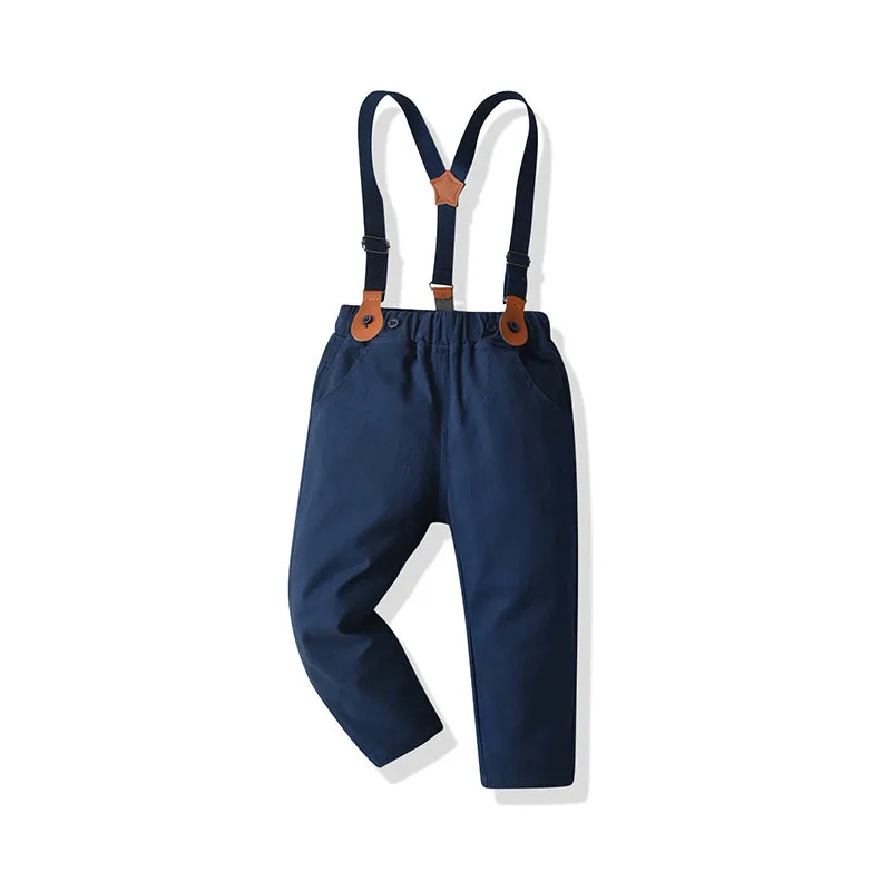 2 Pieces Set Baby Kid Boys Birthday Party Checked Bow Shirts And Solid Color Jumpsuits Wholesale 211109217