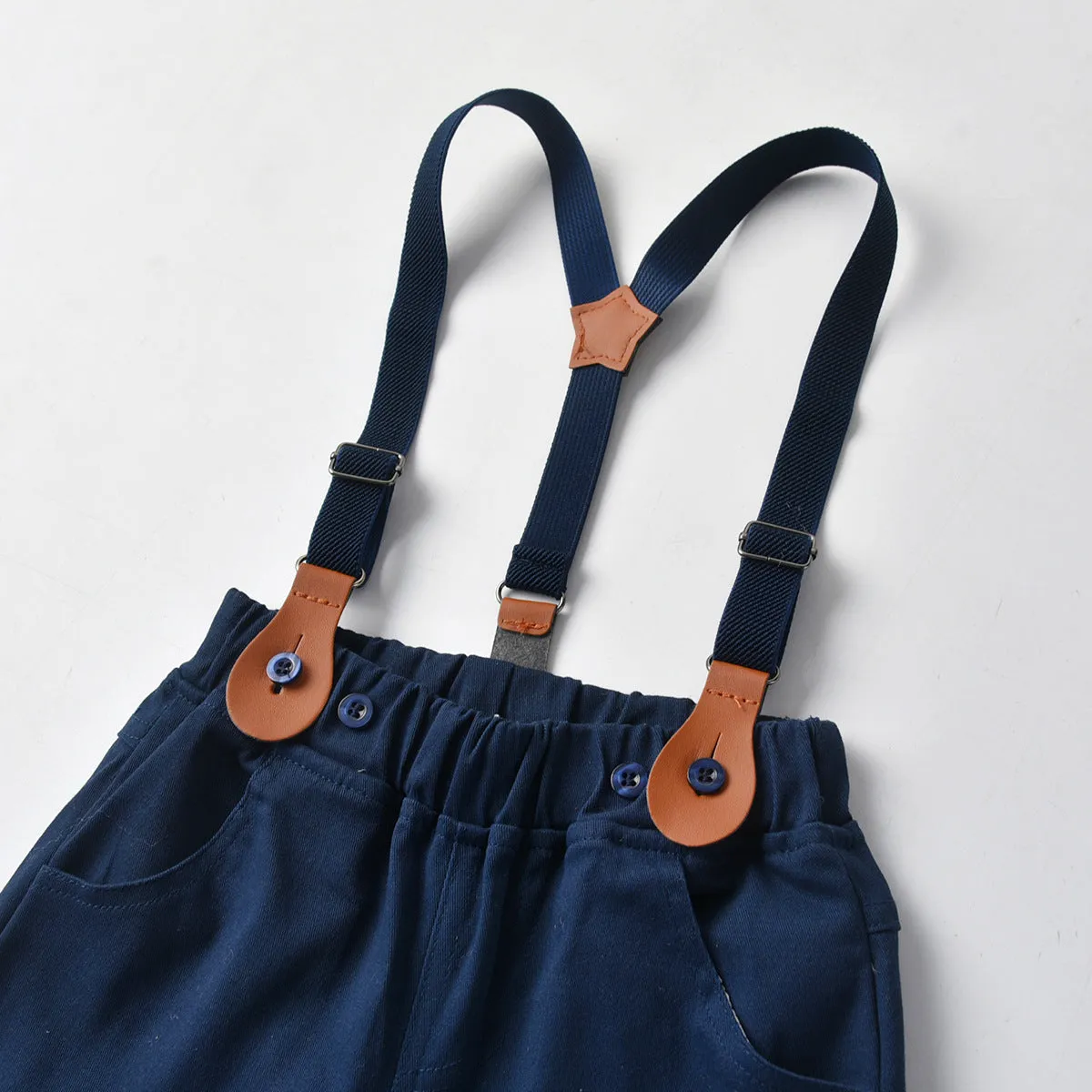 2 Pieces Set Baby Kid Boys Birthday Party Checked Bow Shirts And Solid Color Jumpsuits Wholesale 211109217