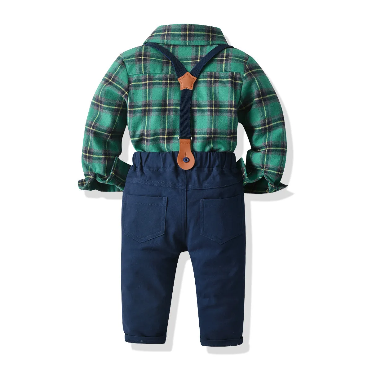 2 Pieces Set Baby Kid Boys Birthday Party Checked Bow Shirts And Solid Color Jumpsuits Wholesale 211109217