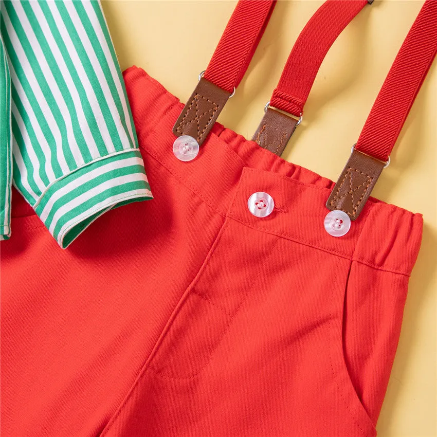 2 Pieces Set Baby Kid Boys Birthday Party Striped Bow Shirts And Solid Color Jumpsuits Wholesale 230213145