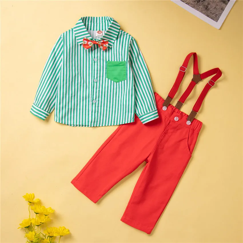 2 Pieces Set Baby Kid Boys Birthday Party Striped Bow Shirts And Solid Color Jumpsuits Wholesale 230213145