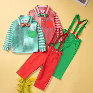 2 Pieces Set Baby Kid Boys Birthday Party Striped Bow Shirts And Solid Color Jumpsuits Wholesale 230213145