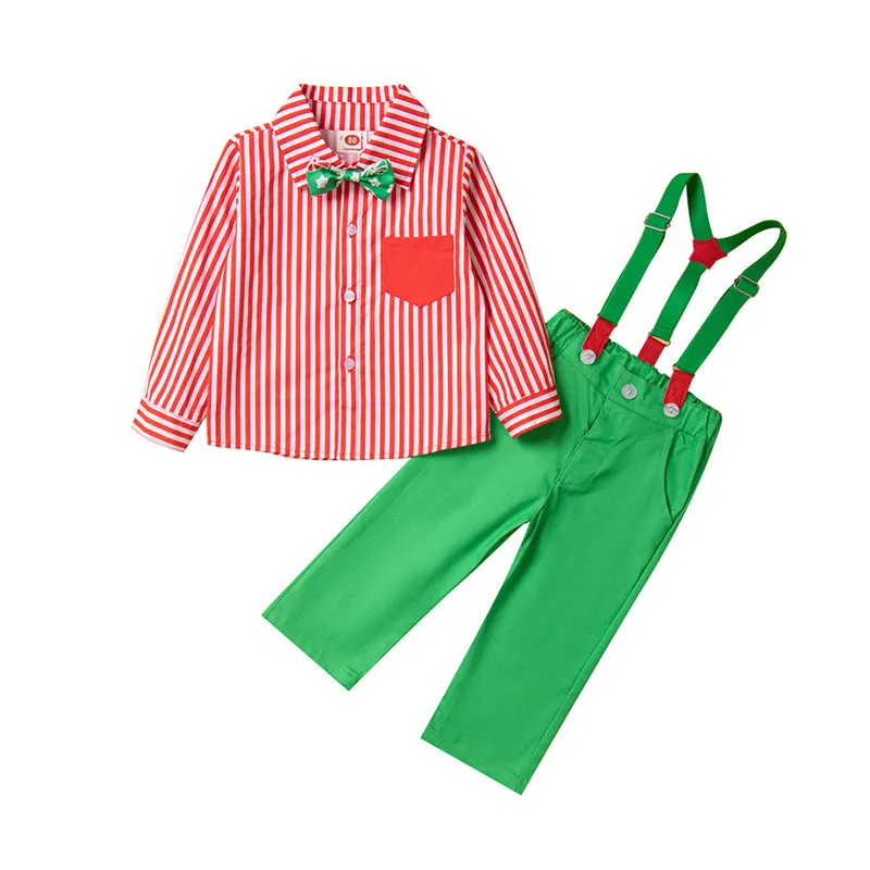 2 Pieces Set Baby Kid Boys Birthday Party Striped Bow Shirts And Solid Color Jumpsuits Wholesale 230213145