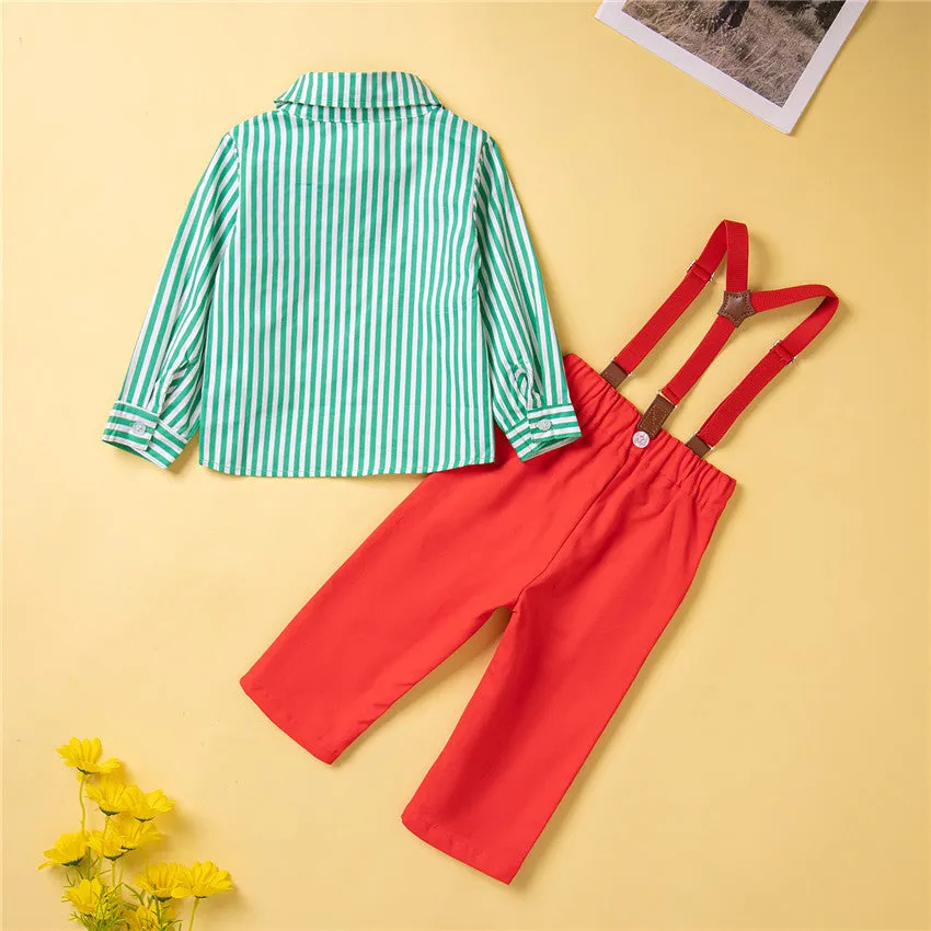 2 Pieces Set Baby Kid Boys Birthday Party Striped Bow Shirts And Solid Color Jumpsuits Wholesale 230213145