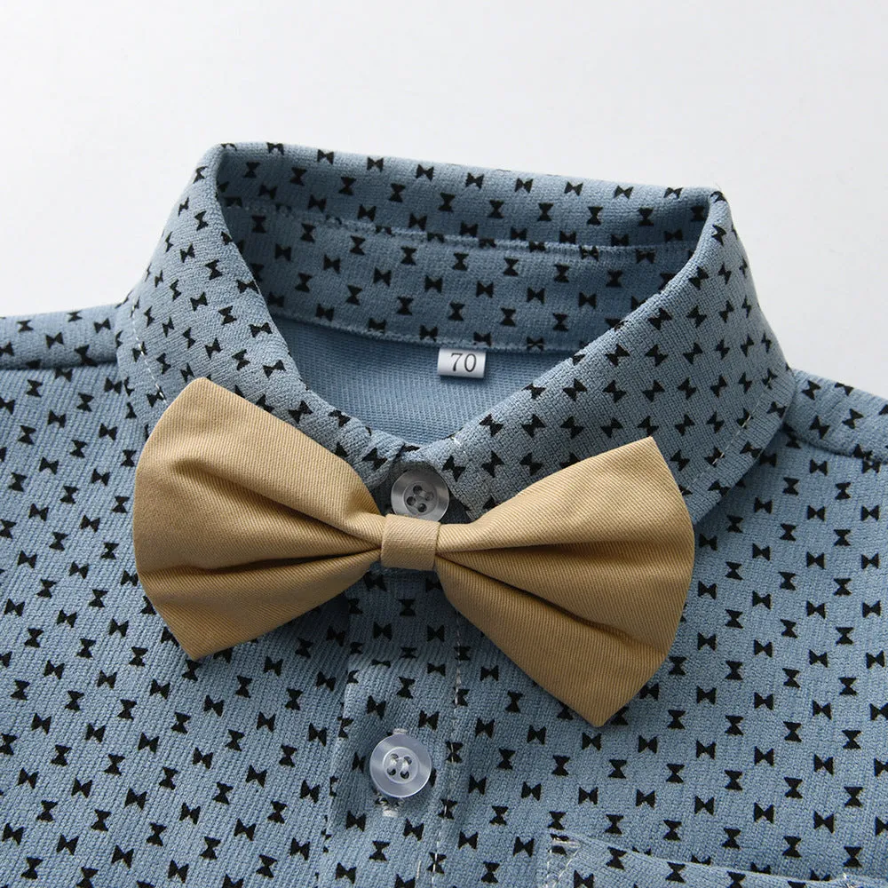 2 Pieces Set Baby Kid Boys Bow Print Shirts And Solid Color Shorts Suits Wholesale 230411272