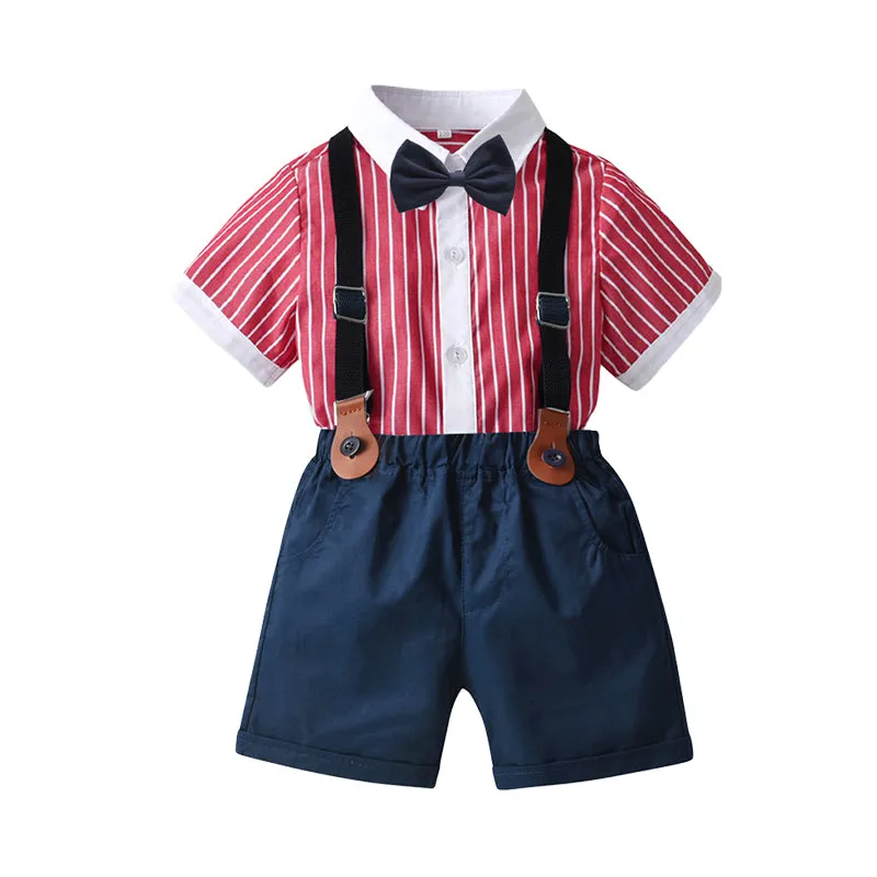 2 Pieces Set Baby Kid Boys Striped Bow Shirts And Solid Color Rompers Wholesale 220531578