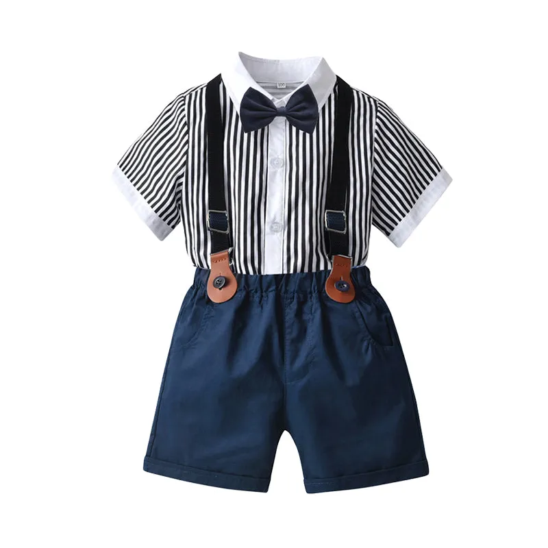 2 Pieces Set Baby Kid Boys Striped Bow Shirts And Solid Color Rompers Wholesale 220531578