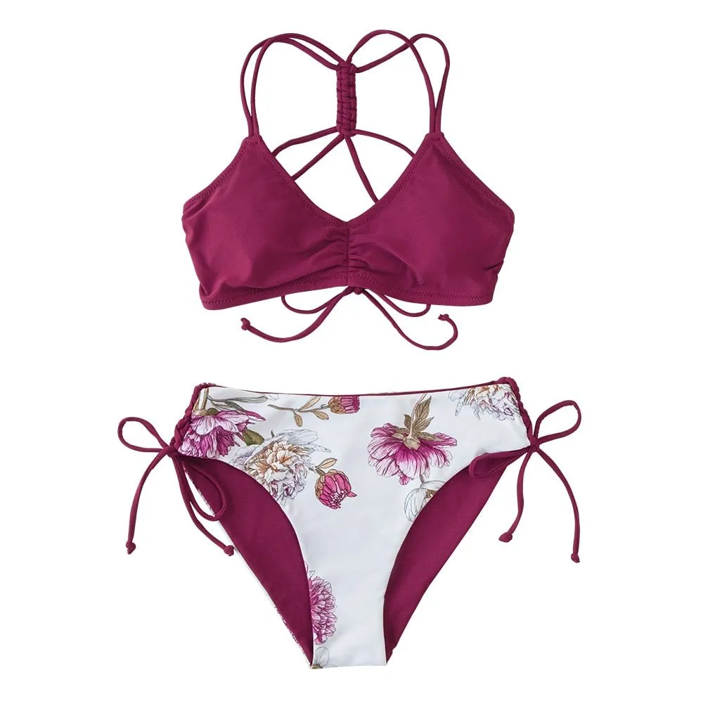 2021 CUPSHE Green Leaf Schnürung Bikini-Set mit niedriger Taille Damen Badeanzug Sexy Wende-Unterteil Zweiteilige Badebekleidung Strand Badeanzug