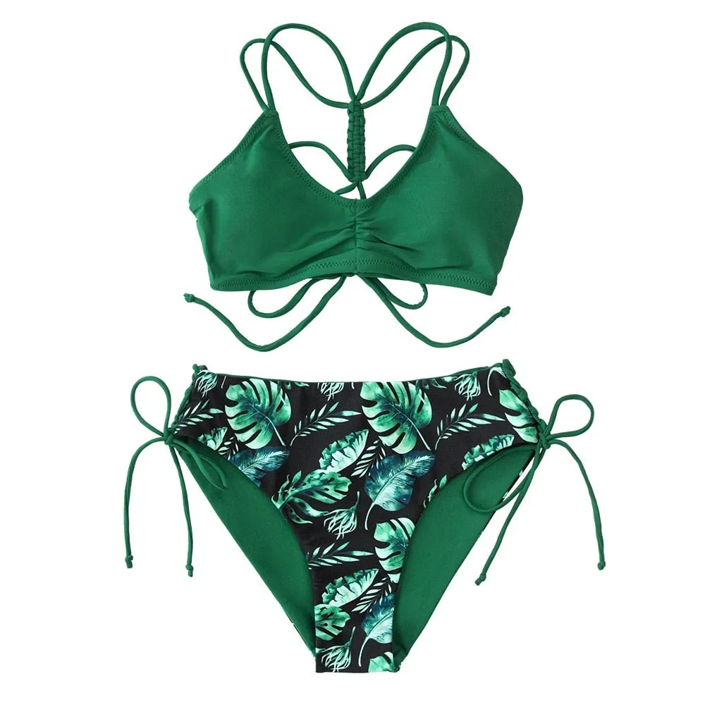 2021 CUPSHE Green Leaf Schnürung Bikini-Set mit niedriger Taille Damen Badeanzug Sexy Wende-Unterteil Zweiteilige Badebekleidung Strand Badeanzug