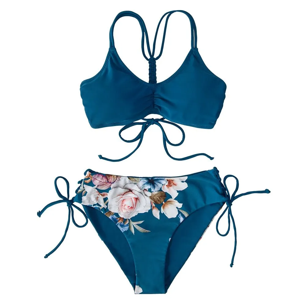 2021 CUPSHE Green Leaf Schnürung Bikini-Set mit niedriger Taille Damen Badeanzug Sexy Wende-Unterteil Zweiteilige Badebekleidung Strand Badeanzug