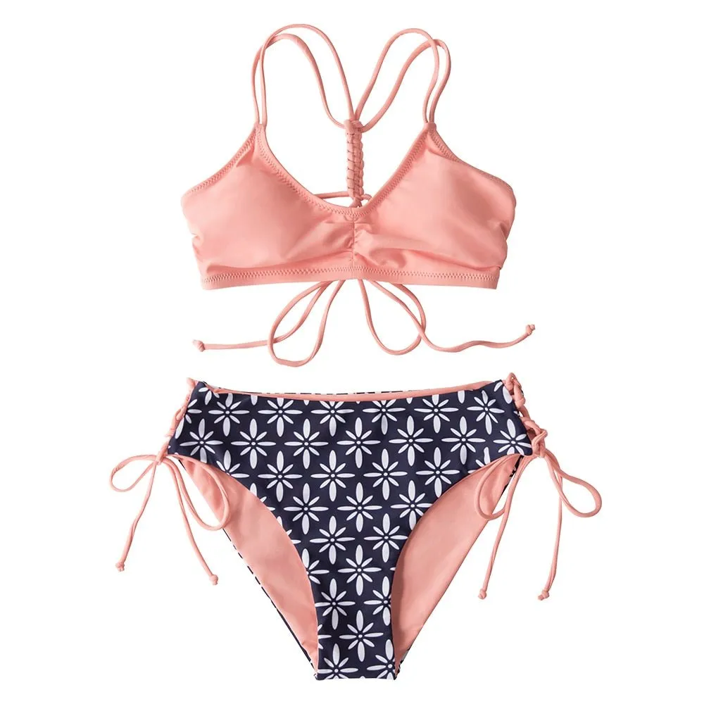 2021 CUPSHE Green Leaf Schnürung Bikini-Set mit niedriger Taille Damen Badeanzug Sexy Wende-Unterteil Zweiteilige Badebekleidung Strand Badeanzug