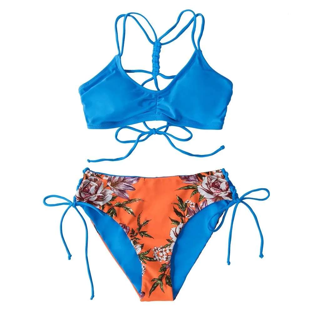 2021 CUPSHE Green Leaf Schnürung Bikini-Set mit niedriger Taille Damen Badeanzug Sexy Wende-Unterteil Zweiteilige Badebekleidung Strand Badeanzug