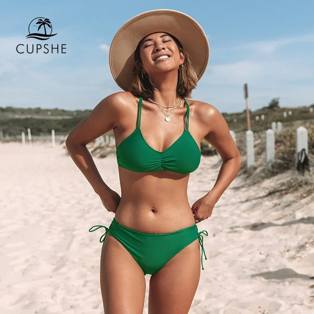 2021 CUPSHE Green Leaf Schnürung Bikini-Set mit niedriger Taille Damen Badeanzug Sexy Wende-Unterteil Zweiteilige Badebekleidung Strand Badeanzug