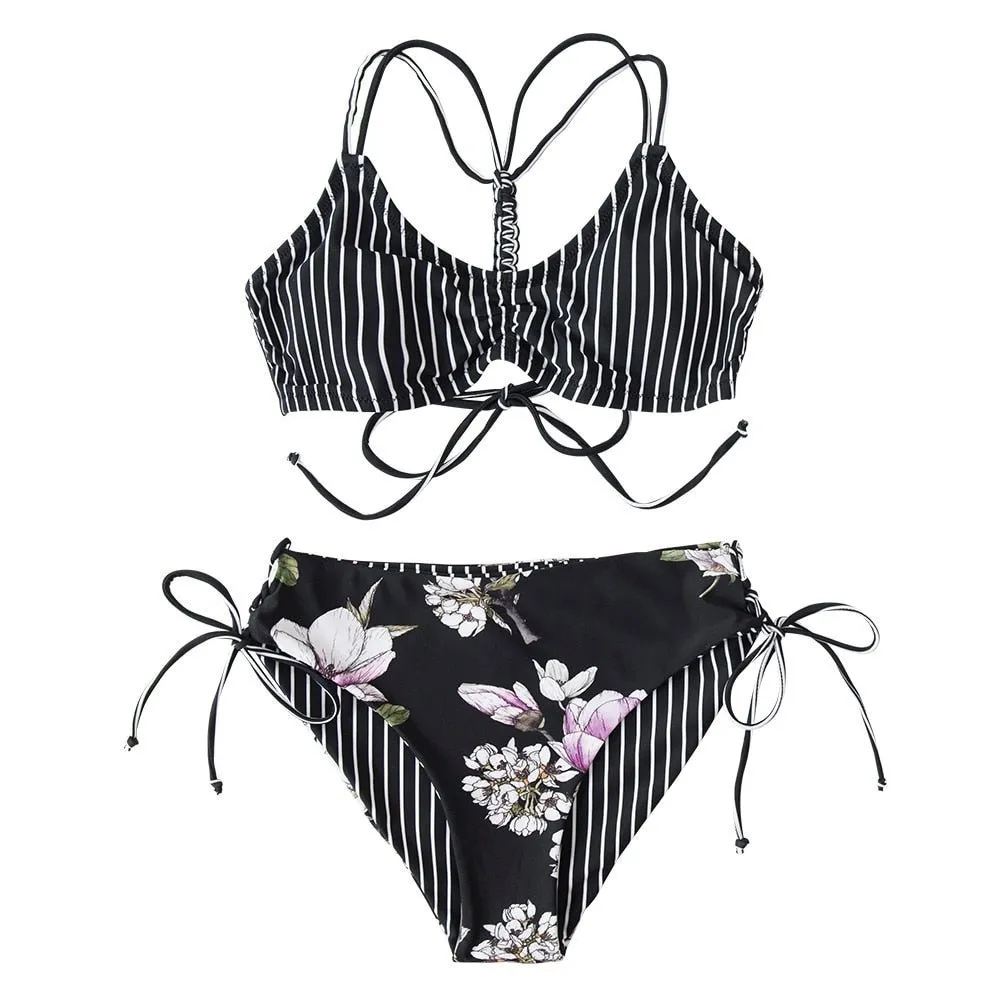 2021 CUPSHE Green Leaf Schnürung Bikini-Set mit niedriger Taille Damen Badeanzug Sexy Wende-Unterteil Zweiteilige Badebekleidung Strand Badeanzug