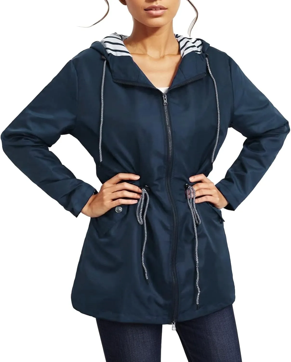 2024 Womens Rain Jacket with Hood Lightweight Trench Coat Long Sleeve Windbreaker Zip Up Drawstring Raincoat With Pockets