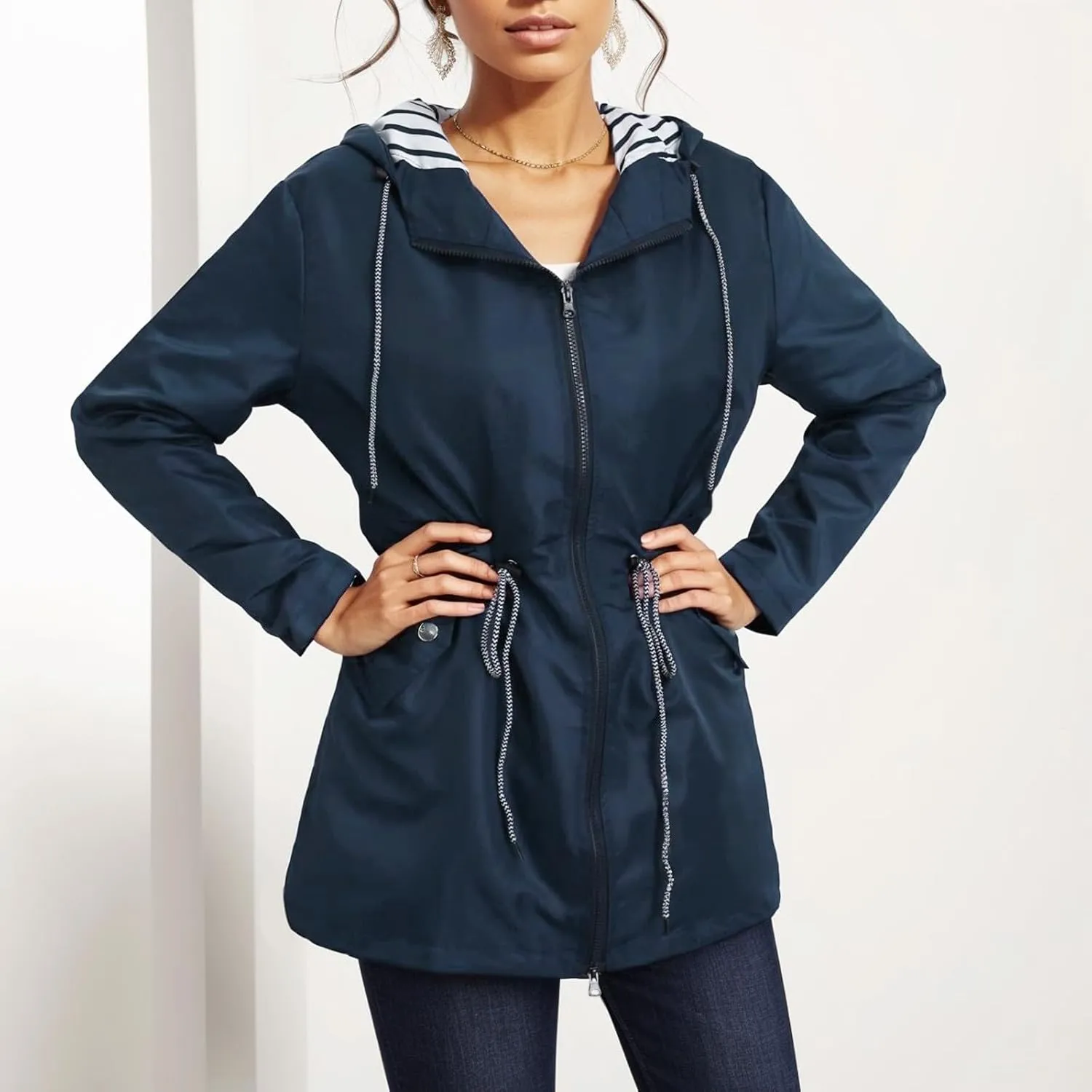 2024 Womens Rain Jacket with Hood Lightweight Trench Coat Long Sleeve Windbreaker Zip Up Drawstring Raincoat With Pockets
