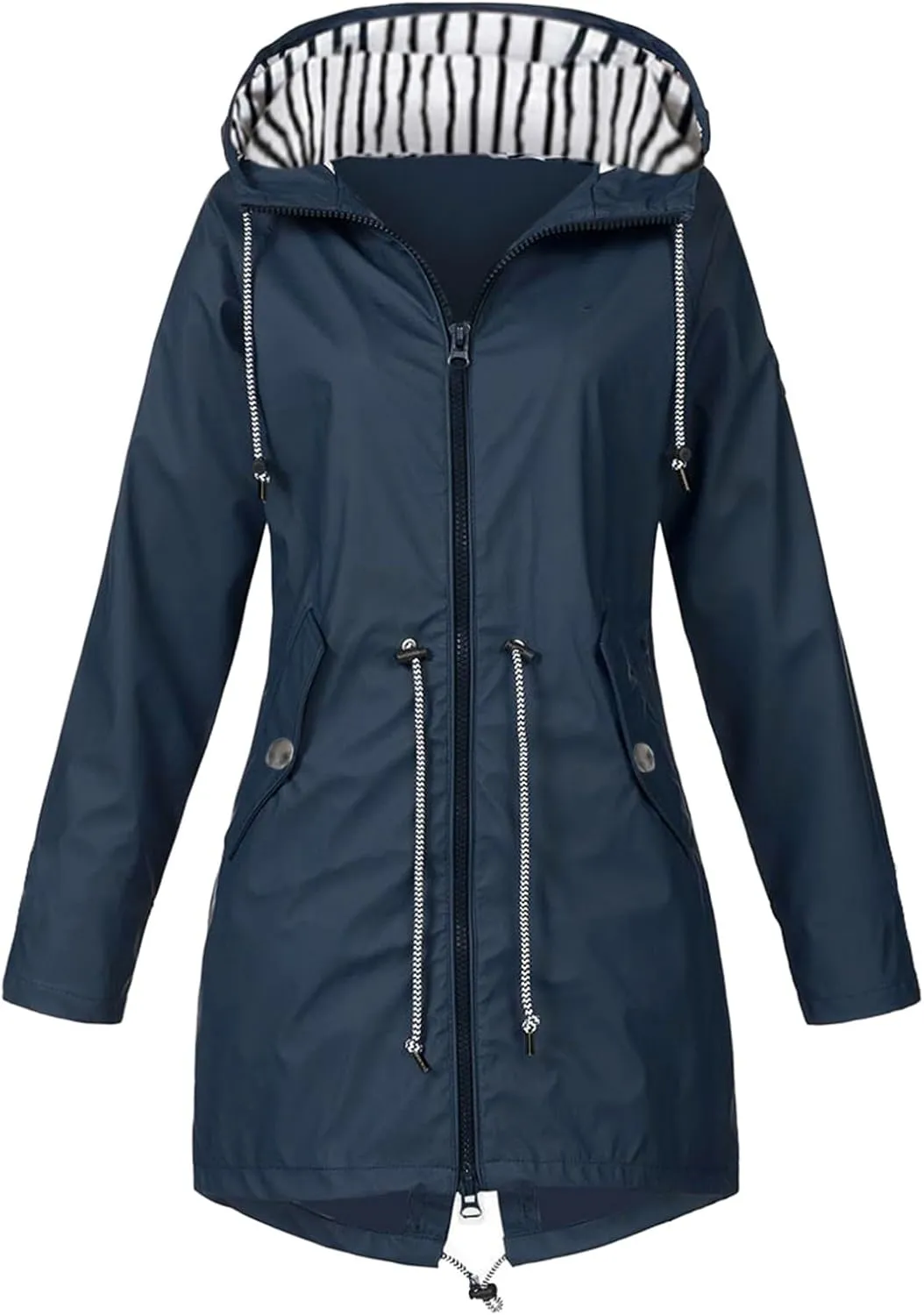 2024 Womens Rain Jacket with Hood Lightweight Trench Coat Long Sleeve Windbreaker Zip Up Drawstring Raincoat With Pockets