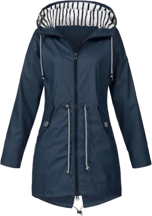 2024 Womens Rain Jacket with Hood Lightweight Trench Coat Long Sleeve Windbreaker Zip Up Drawstring Raincoat With Pockets