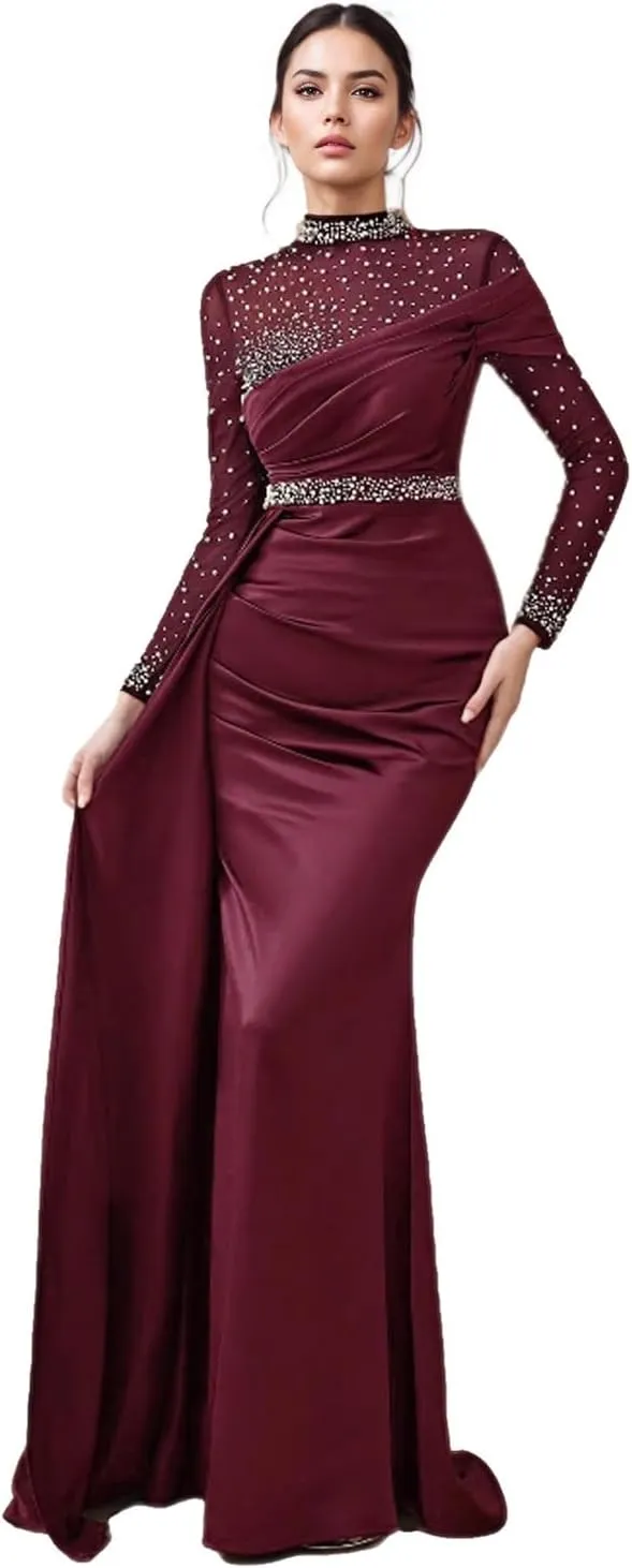 2025 Luxury Mermaid Trumpet Evening Dress Jewel Neck Long Sleeves Floor Length Beading Wedding Guest Dress