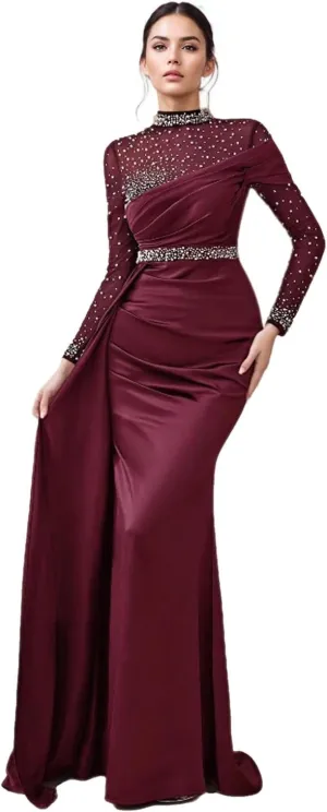 2025 Luxury Mermaid Trumpet Evening Dress Jewel Neck Long Sleeves Floor Length Beading Wedding Guest Dress