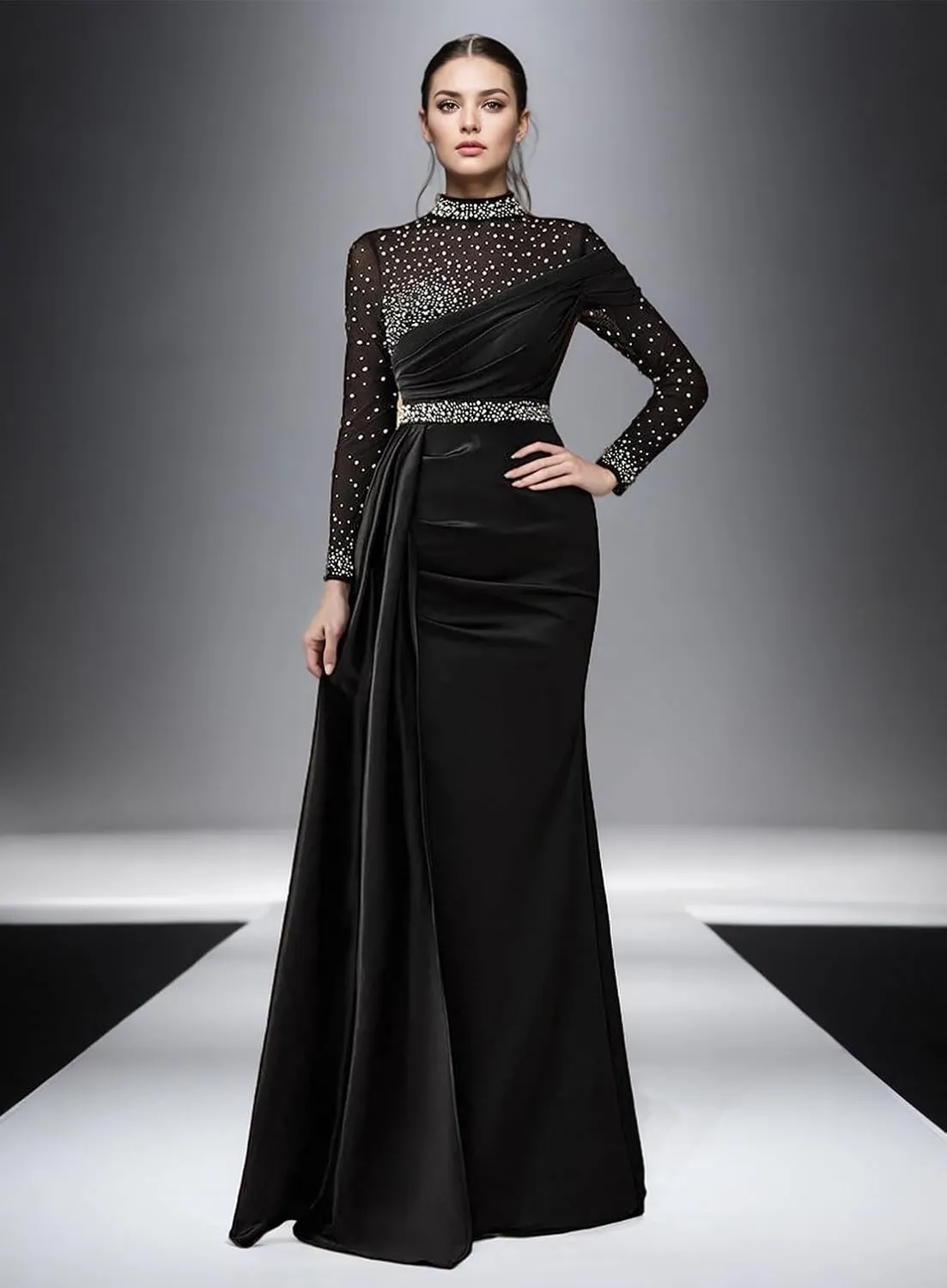 2025 Luxury Mermaid Trumpet Evening Dress Jewel Neck Long Sleeves Floor Length Beading Wedding Guest Dress