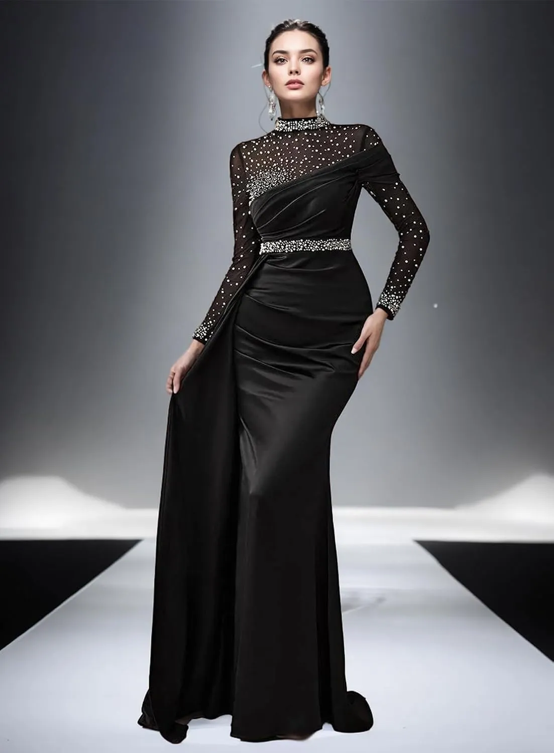 2025 Luxury Mermaid Trumpet Evening Dress Jewel Neck Long Sleeves Floor Length Beading Wedding Guest Dress