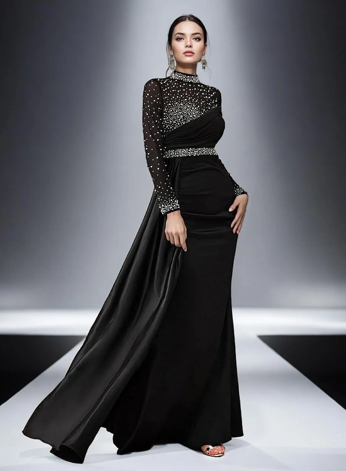 2025 Luxury Mermaid Trumpet Evening Dress Jewel Neck Long Sleeves Floor Length Beading Wedding Guest Dress