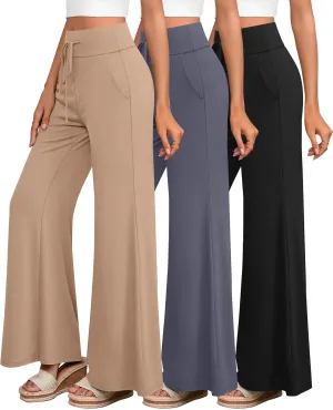 3 Pack Women's Wide Leg Pants Casual High Waist Flare Trousers Lounge Palazzo Yoga Sweatpants with Pockets