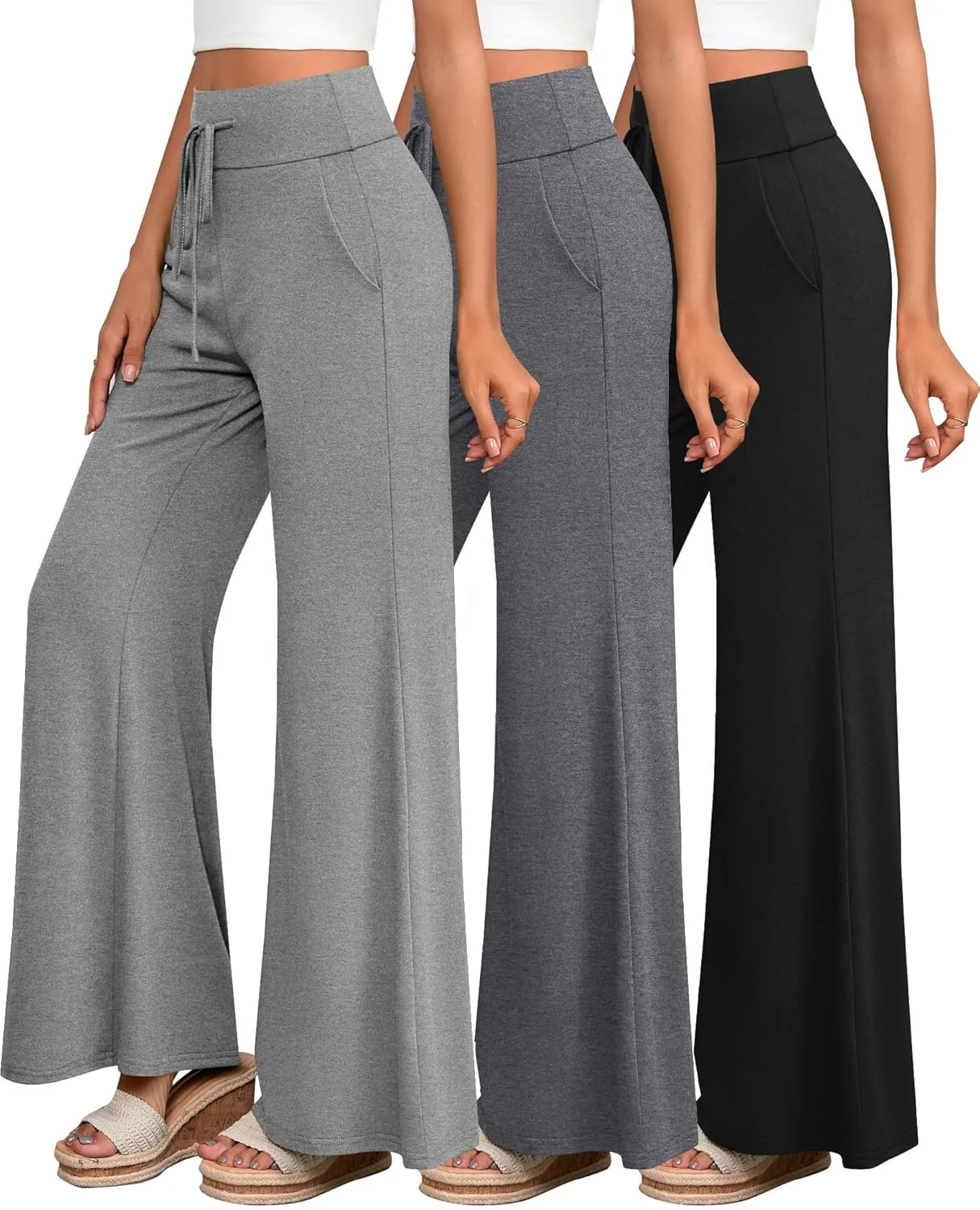 3 Pack Women's Wide Leg Pants Casual High Waist Flare Trousers Lounge Palazzo Yoga Sweatpants with Pockets