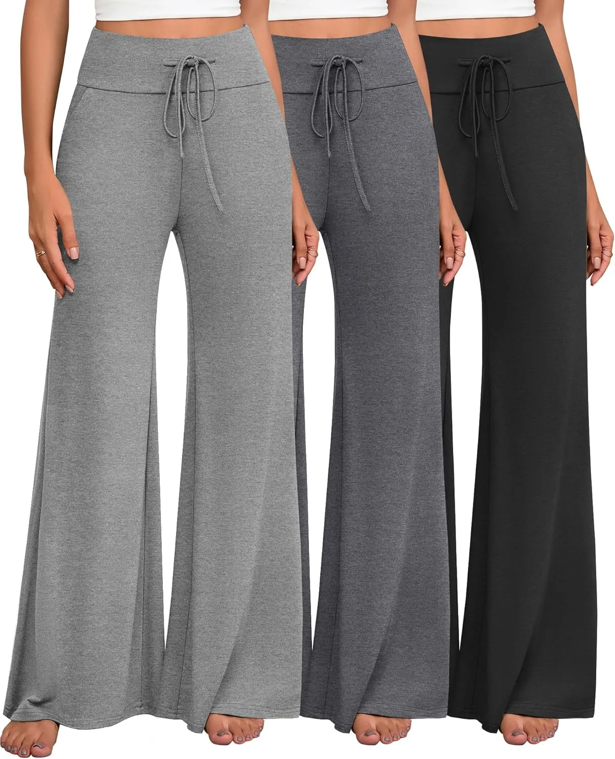 3 Pack Women's Wide Leg Pants Casual High Waist Flare Trousers Lounge Palazzo Yoga Sweatpants with Pockets