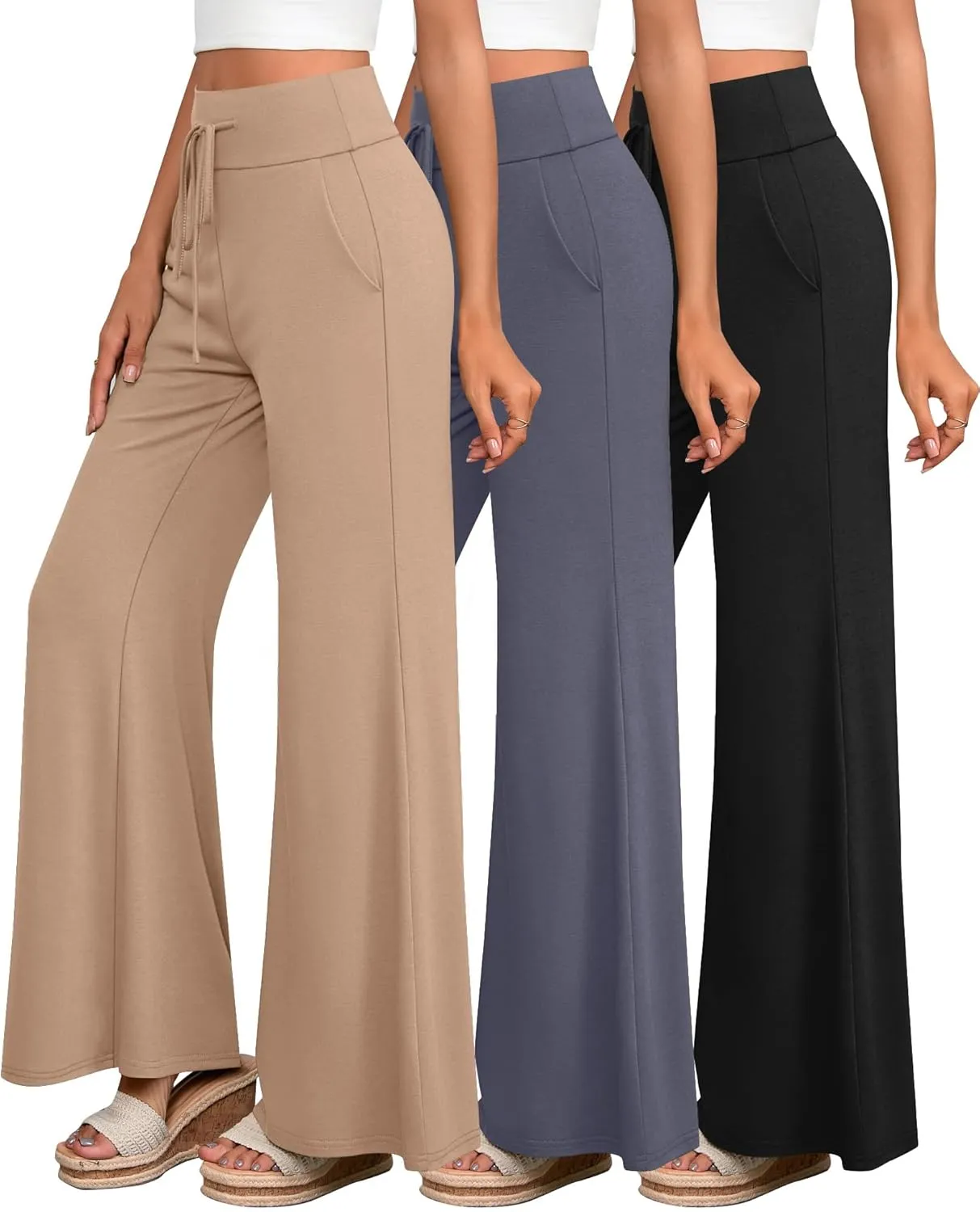 3 Pack Women's Wide Leg Pants Casual High Waist Flare Trousers Lounge Palazzo Yoga Sweatpants with Pockets