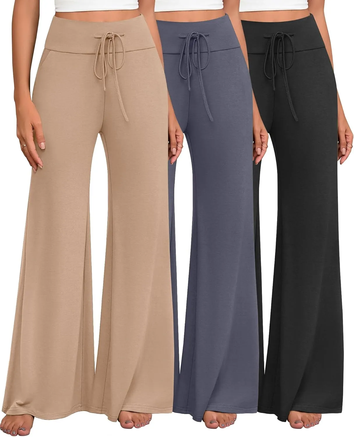 3 Pack Women's Wide Leg Pants Casual High Waist Flare Trousers Lounge Palazzo Yoga Sweatpants with Pockets